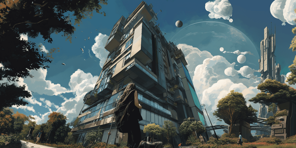 An AI generated ilustraton of a girl standing in front of IBORN's office